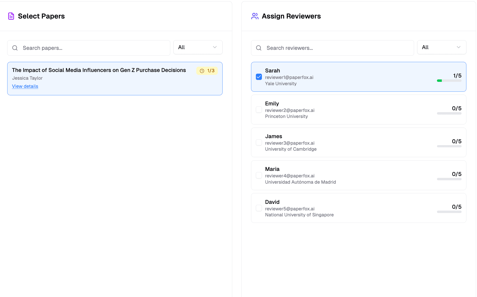 Review Assignments panel