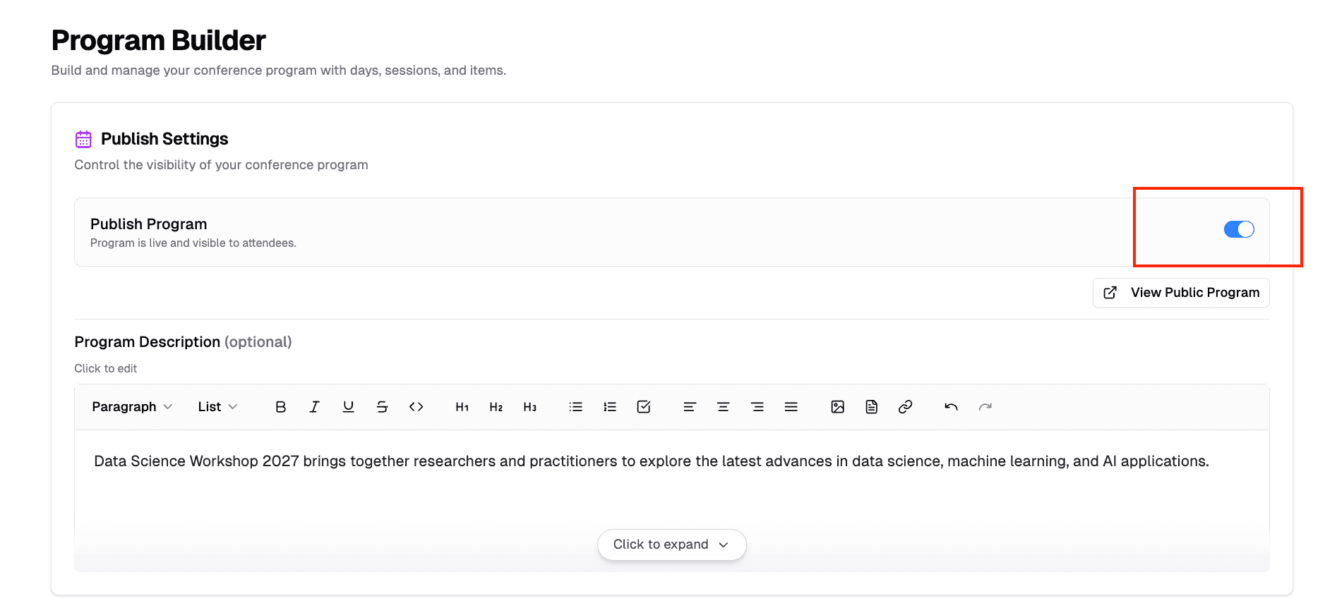 Publish Program Toggle