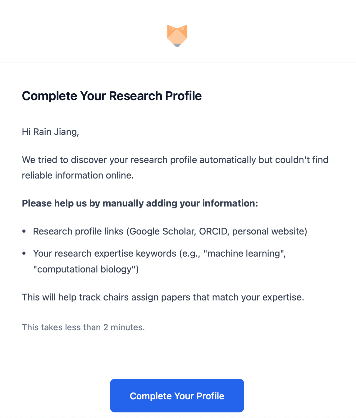Profile Not Found Email