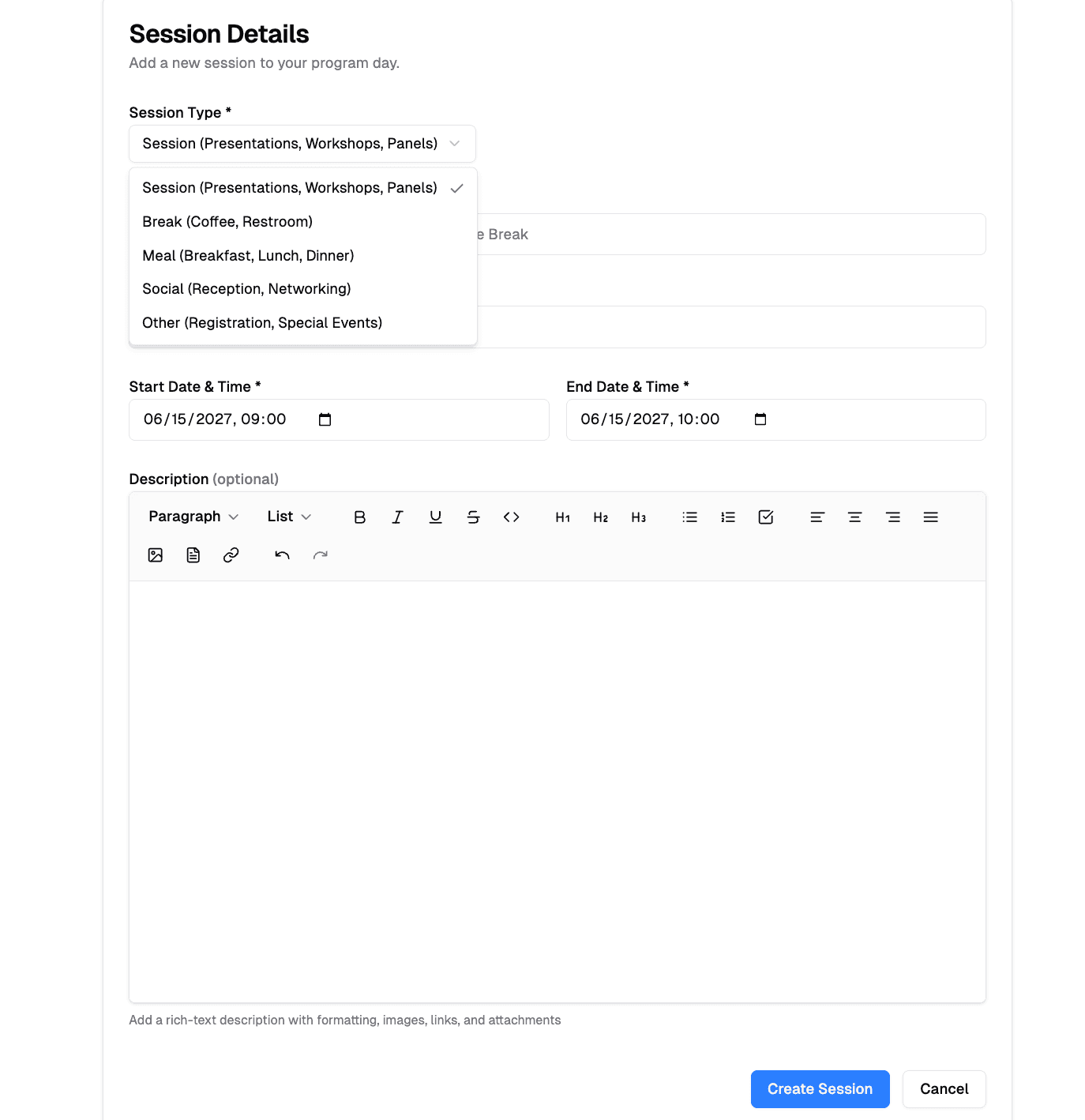 Session Details Form