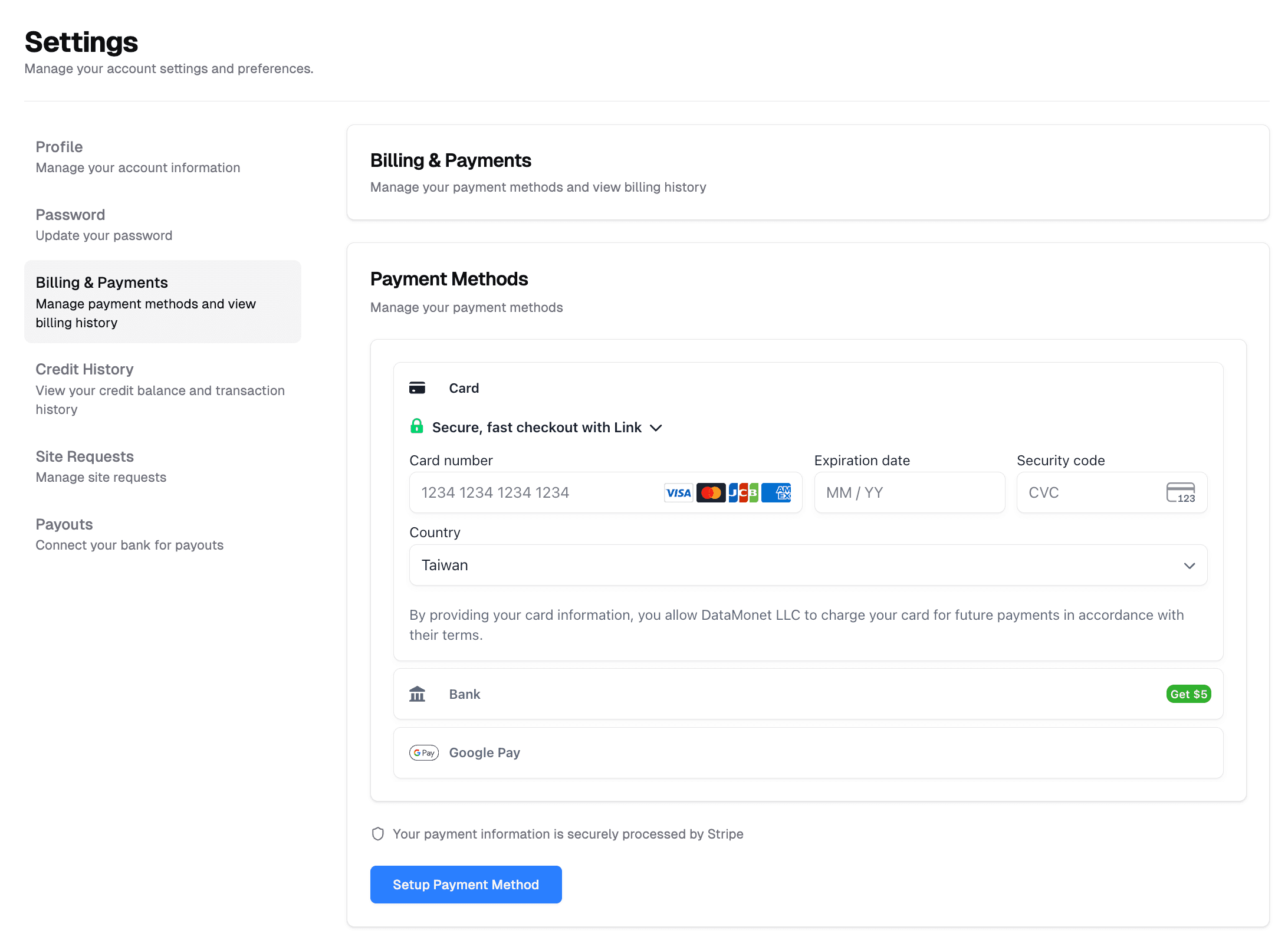 Setup Payment Method Interface
