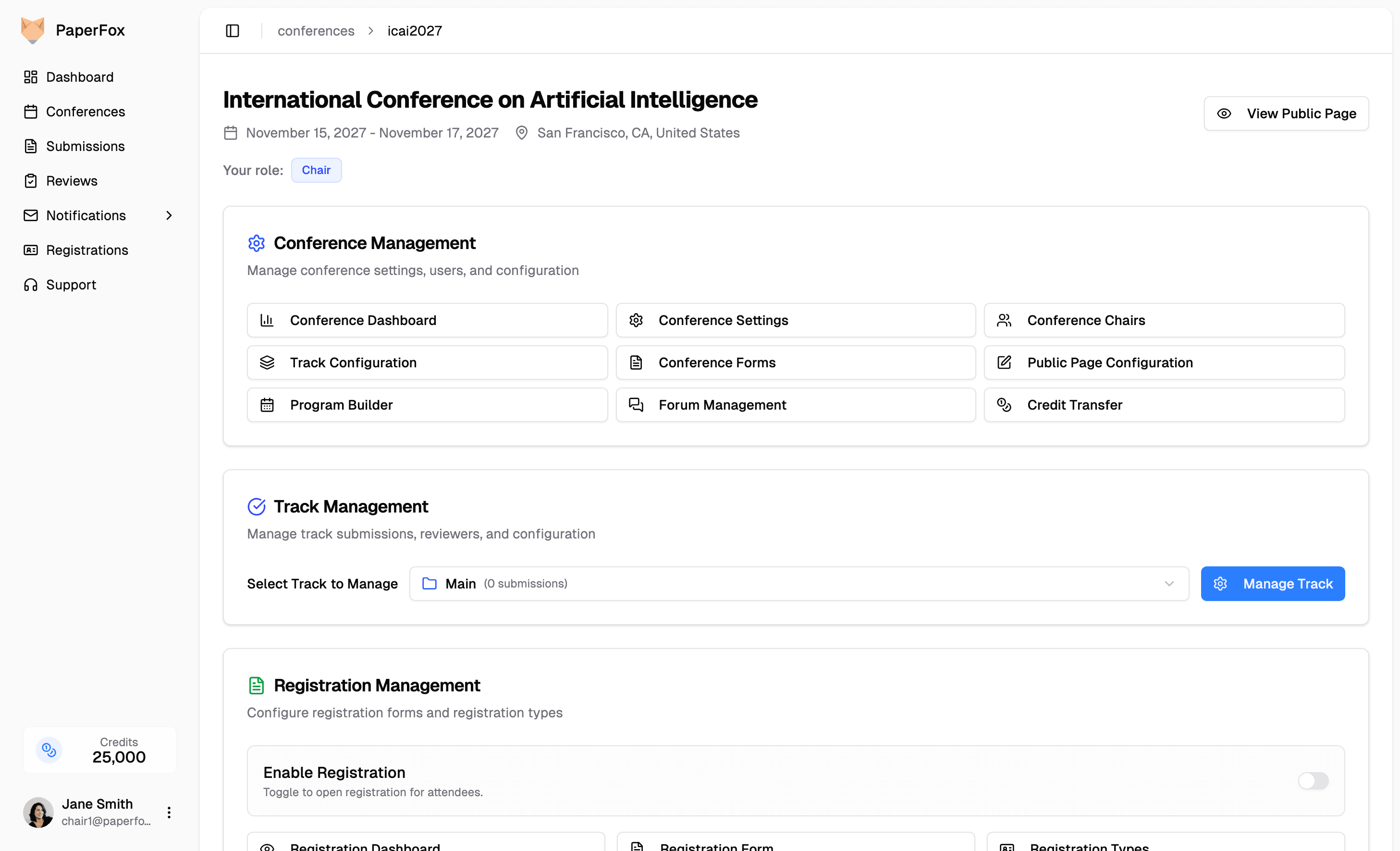 PaperFox conference management hub with conference, track, and registration management