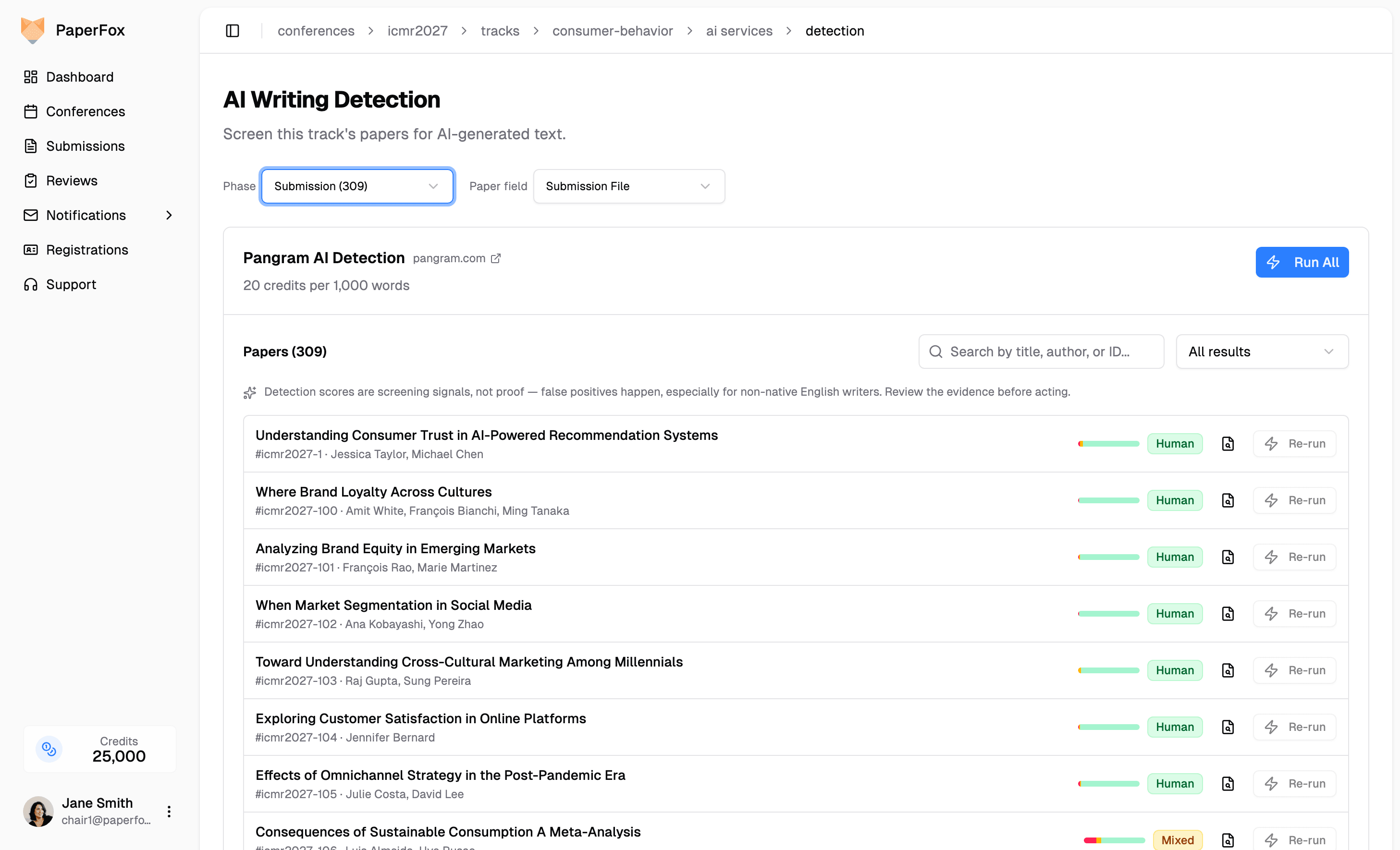 PaperFox AI content detection screening papers with human, mixed, and AI verdicts