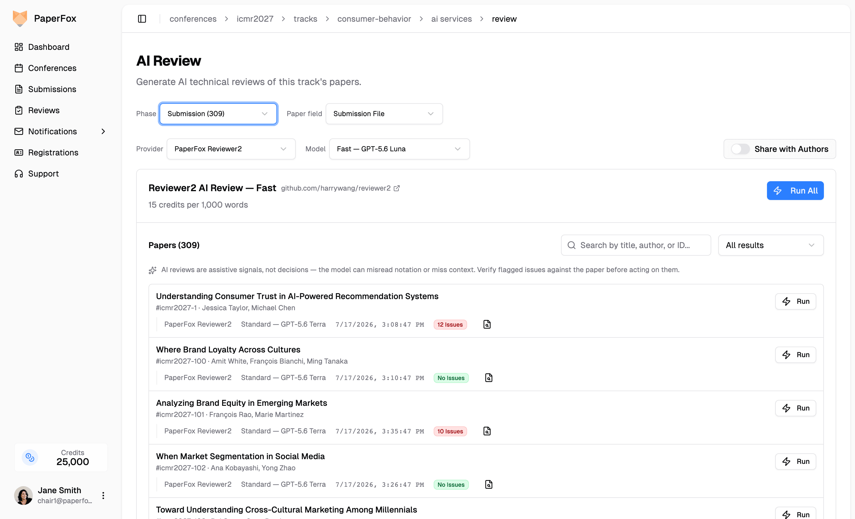 PaperFox AI review generating technical reviews of a track's papers with issue counts