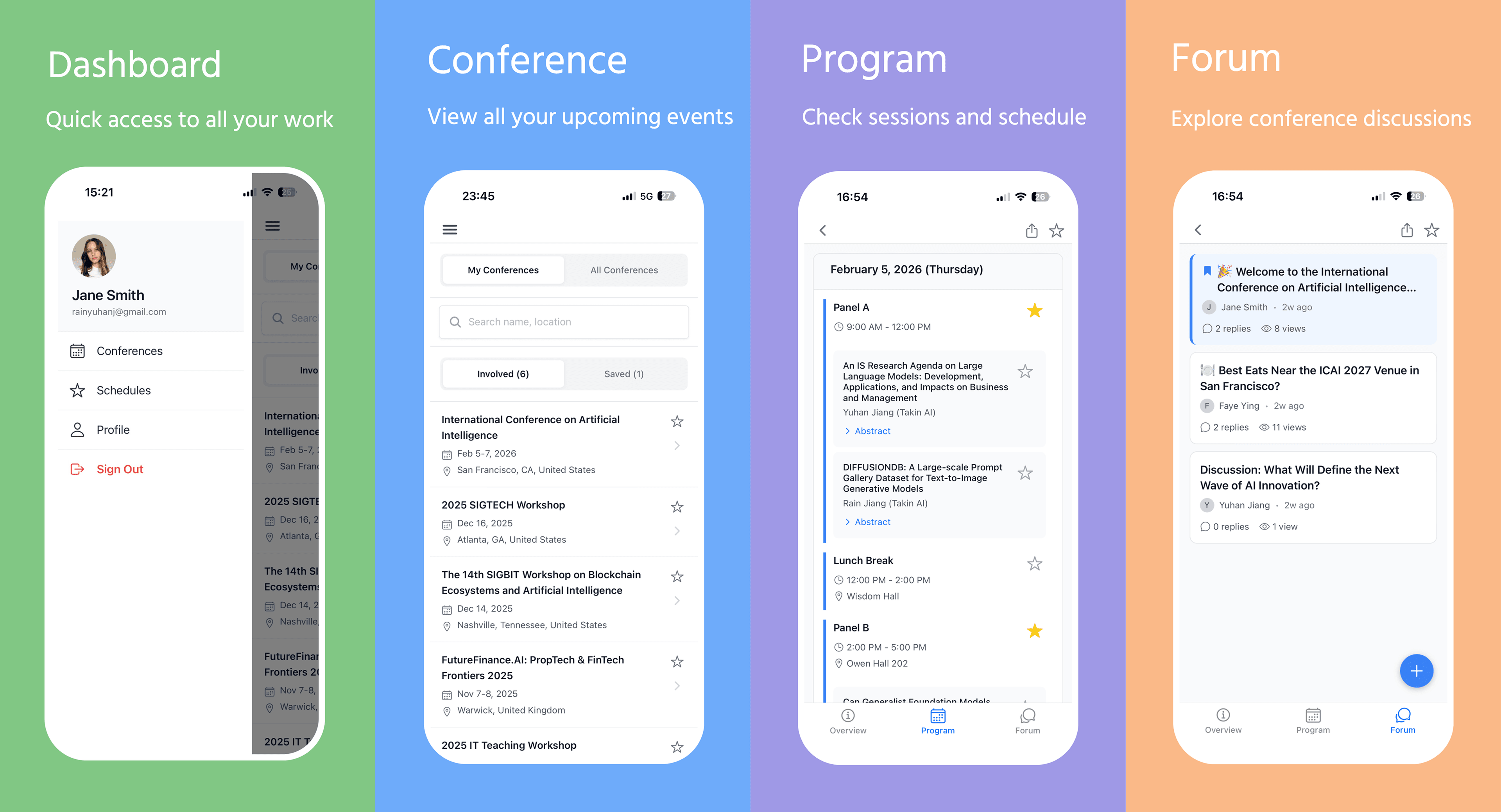 Screenshot of PaperFox mobile app showing conference program schedule on iPhone and Android devices