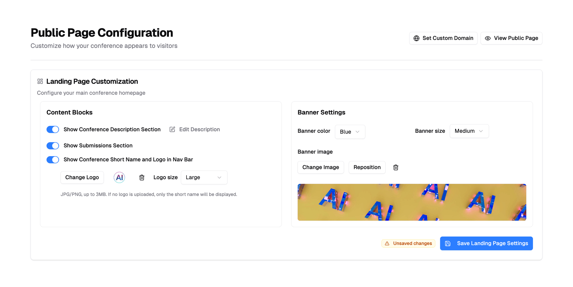 Screenshot of PaperFox conference website builder interface