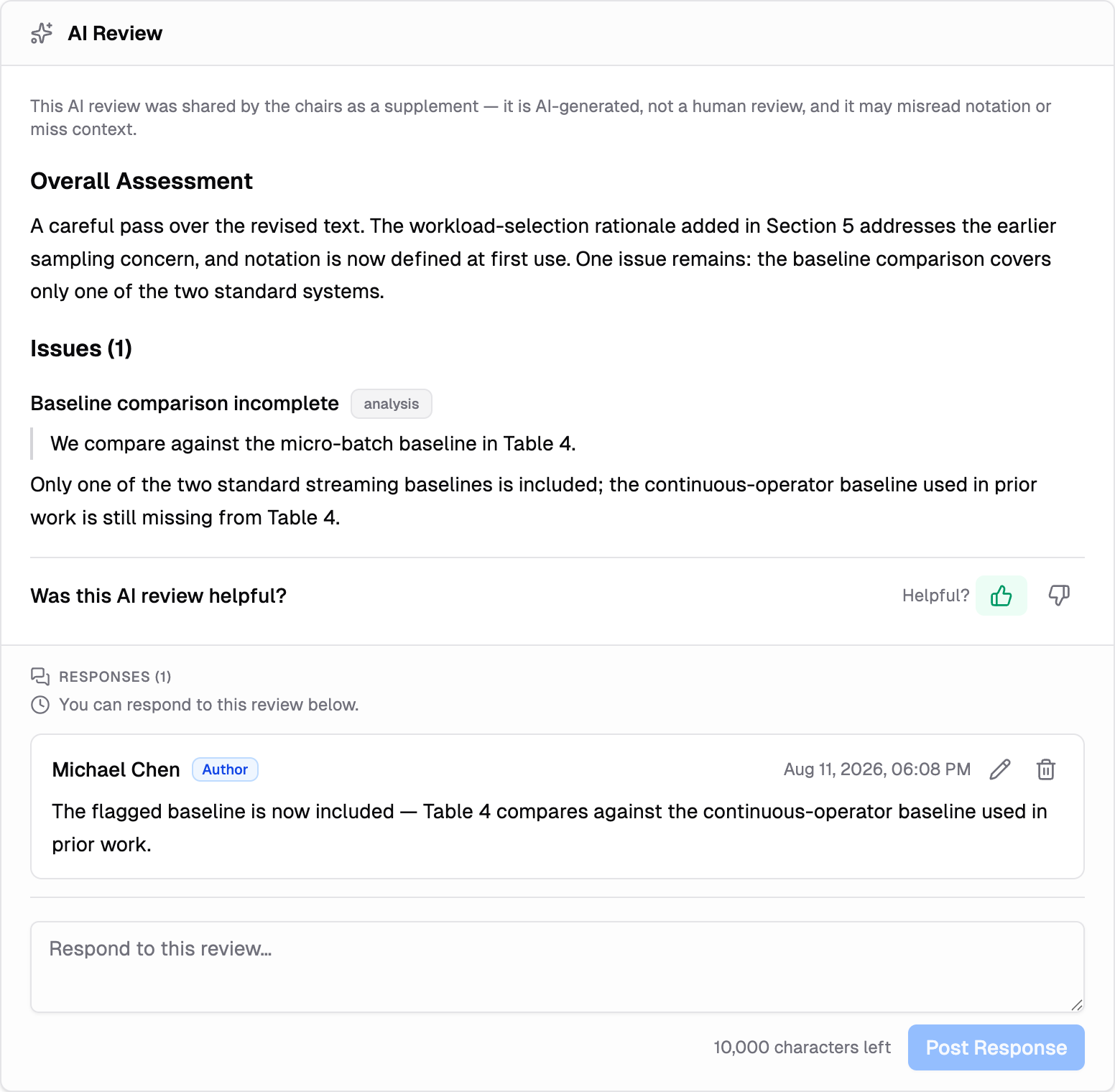 The AI Review card with its own Responses section — an author response to the AI-flagged issue and the response composer
