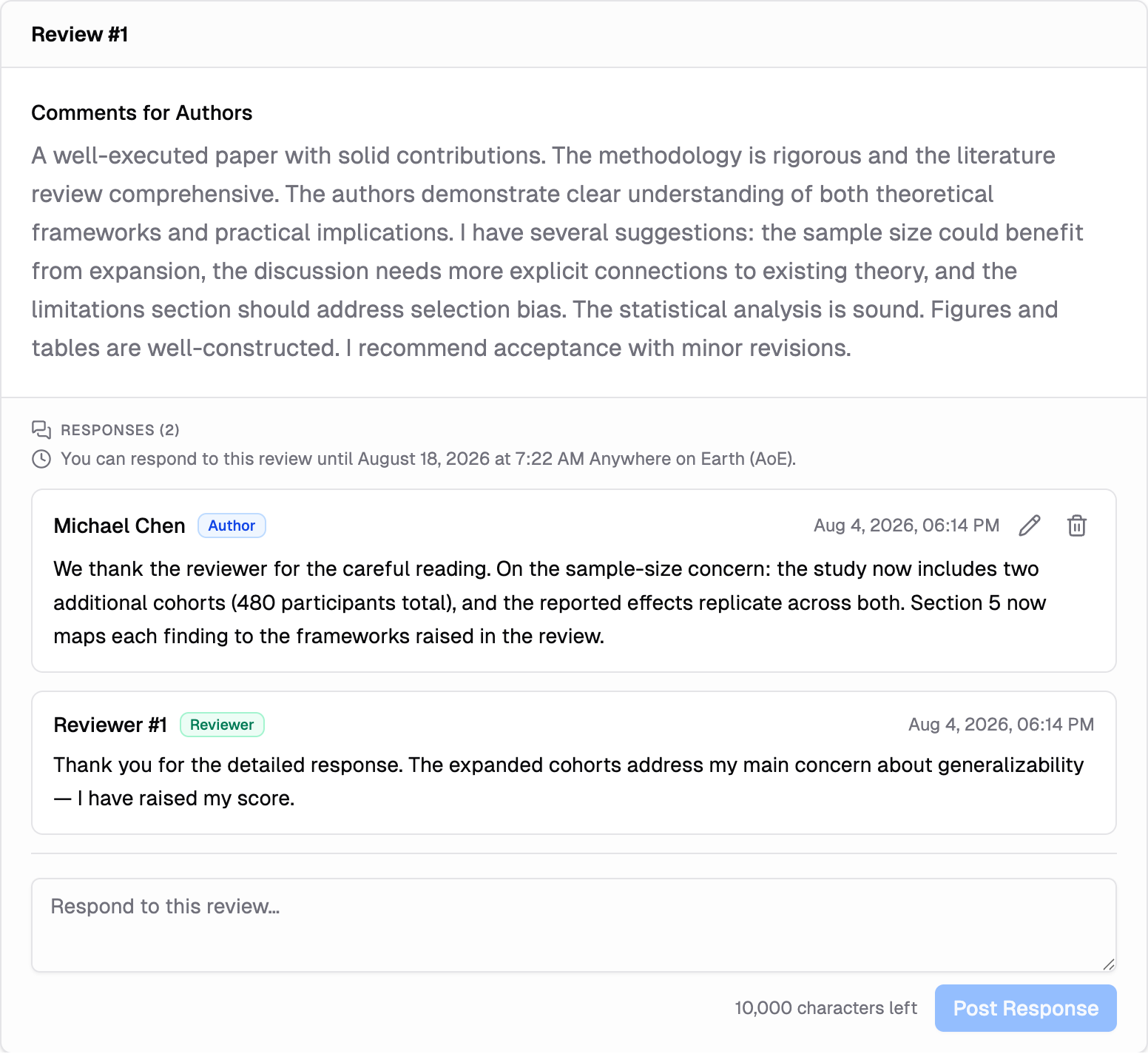 A review card ending with its Responses section — the response deadline, an author response, the reviewer's reply, and the response composer