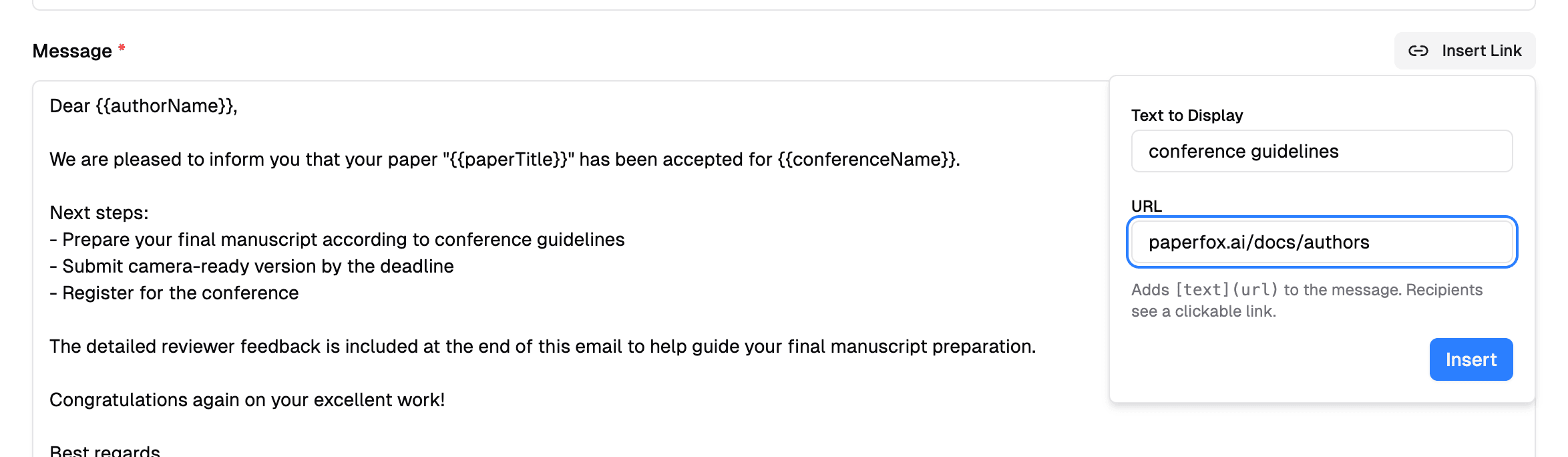 Message field with the Insert Link popover open: Text to Display reads 'conference guidelines' and the URL field reads 'paperfox.ai/docs/authors', with an Insert button