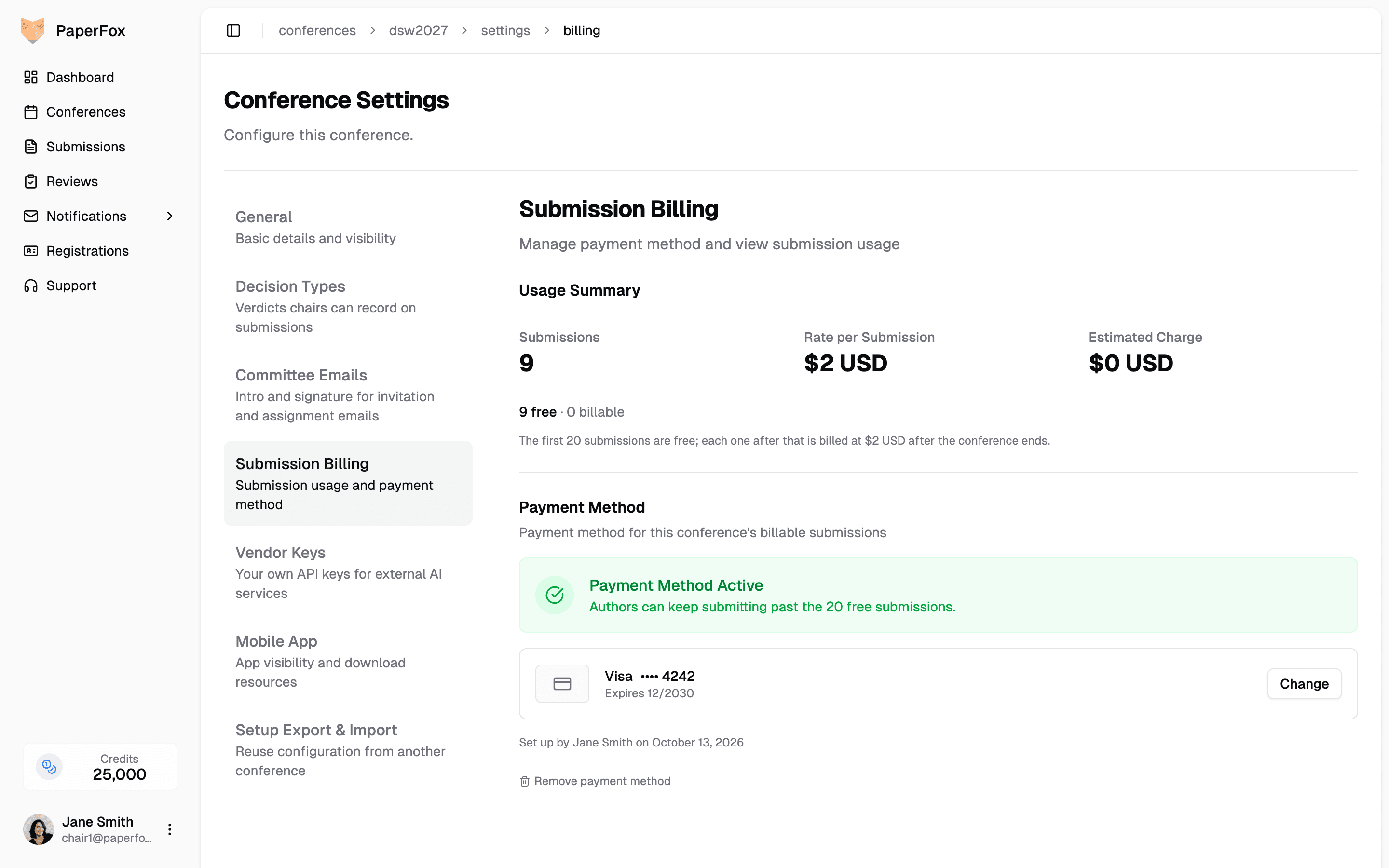 Submission Billing page with a saved card, showing free and billable counts and Payment Method Active
