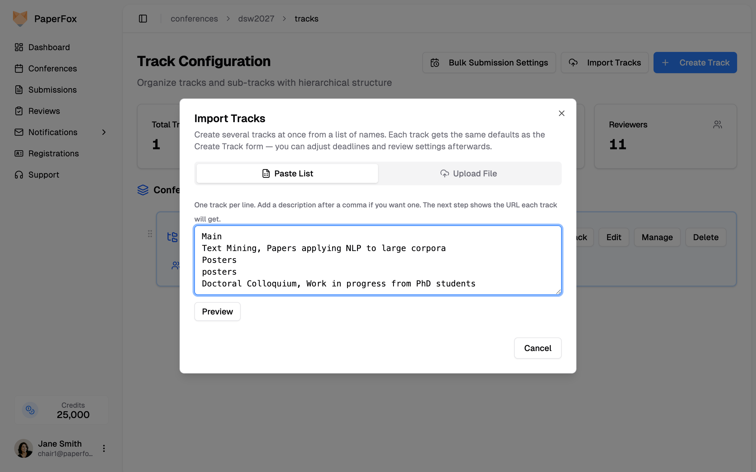 Import Tracks dialog with a pasted list of track names