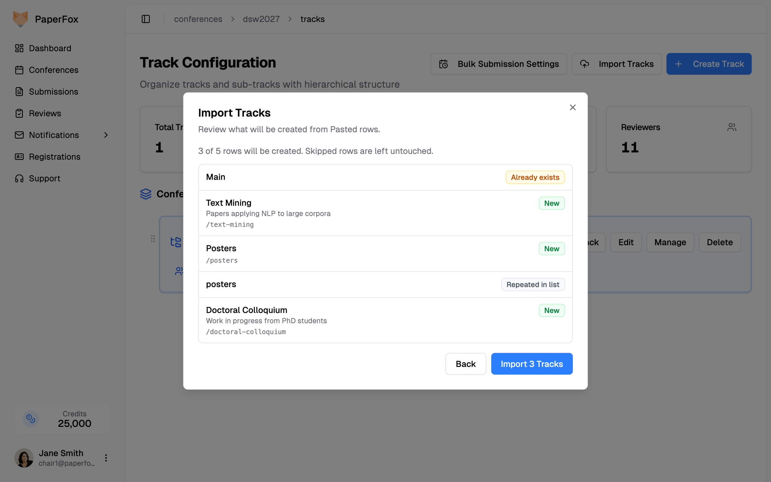 Import preview showing each row's status label and the URL each track will get