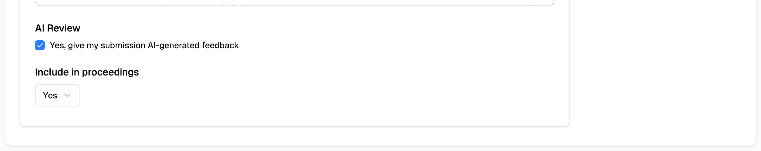 Submission form showing a pre-checked checkbox and a dropdown pre-set to Yes