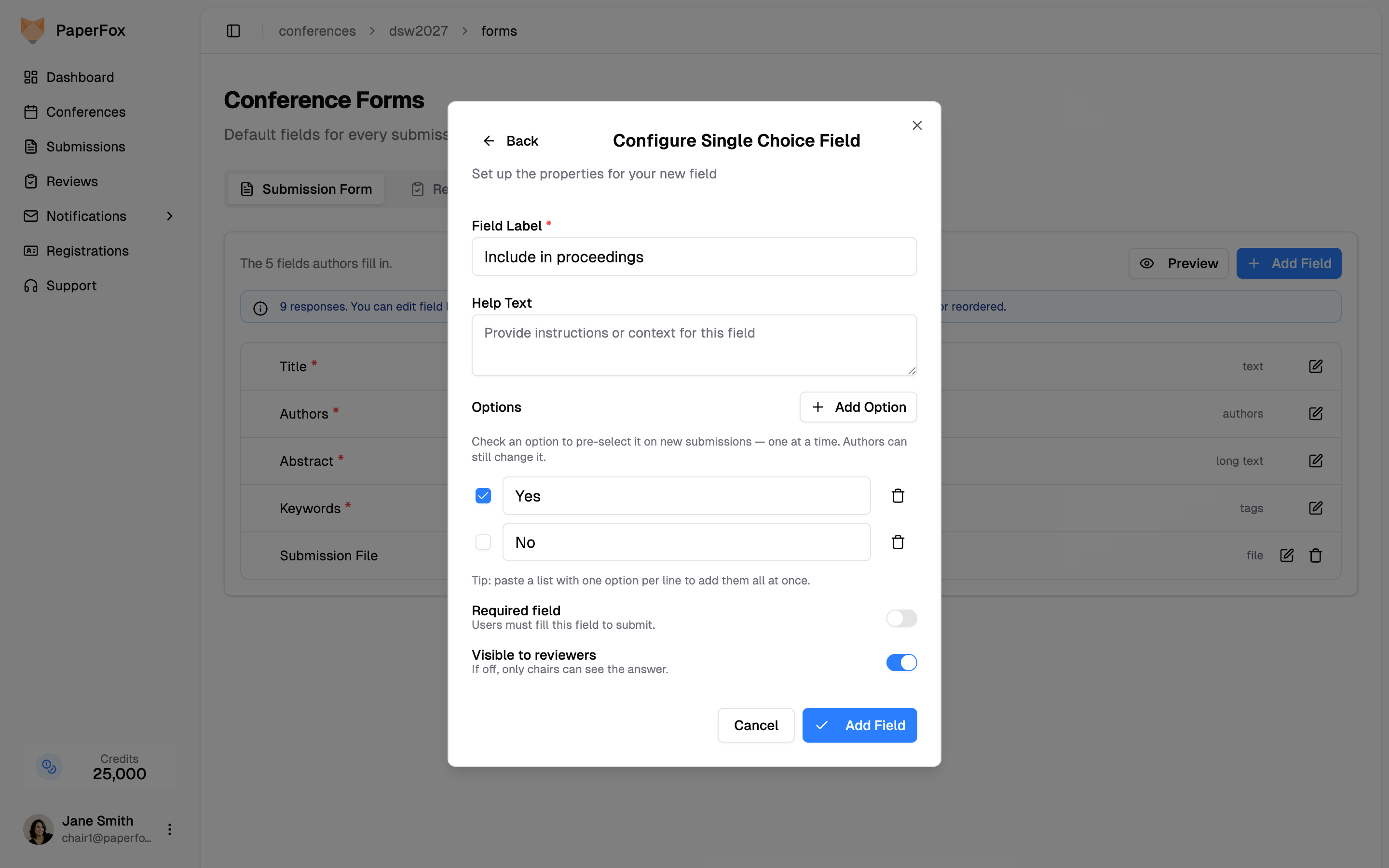 Edit Field dialog with the Yes option pre-selected on a Single Choice field