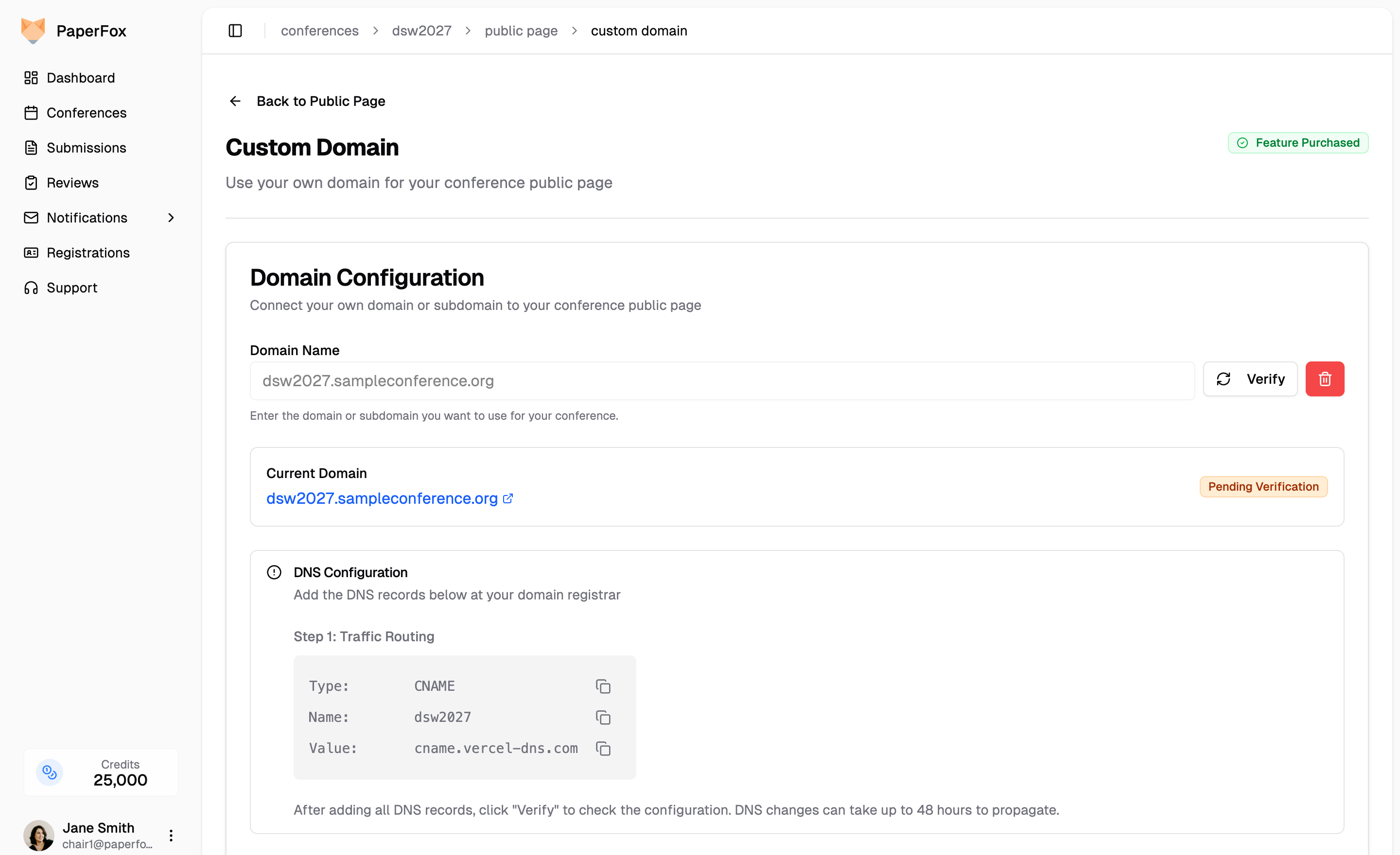 DNS Configuration panel showing the CNAME record and the Verify button