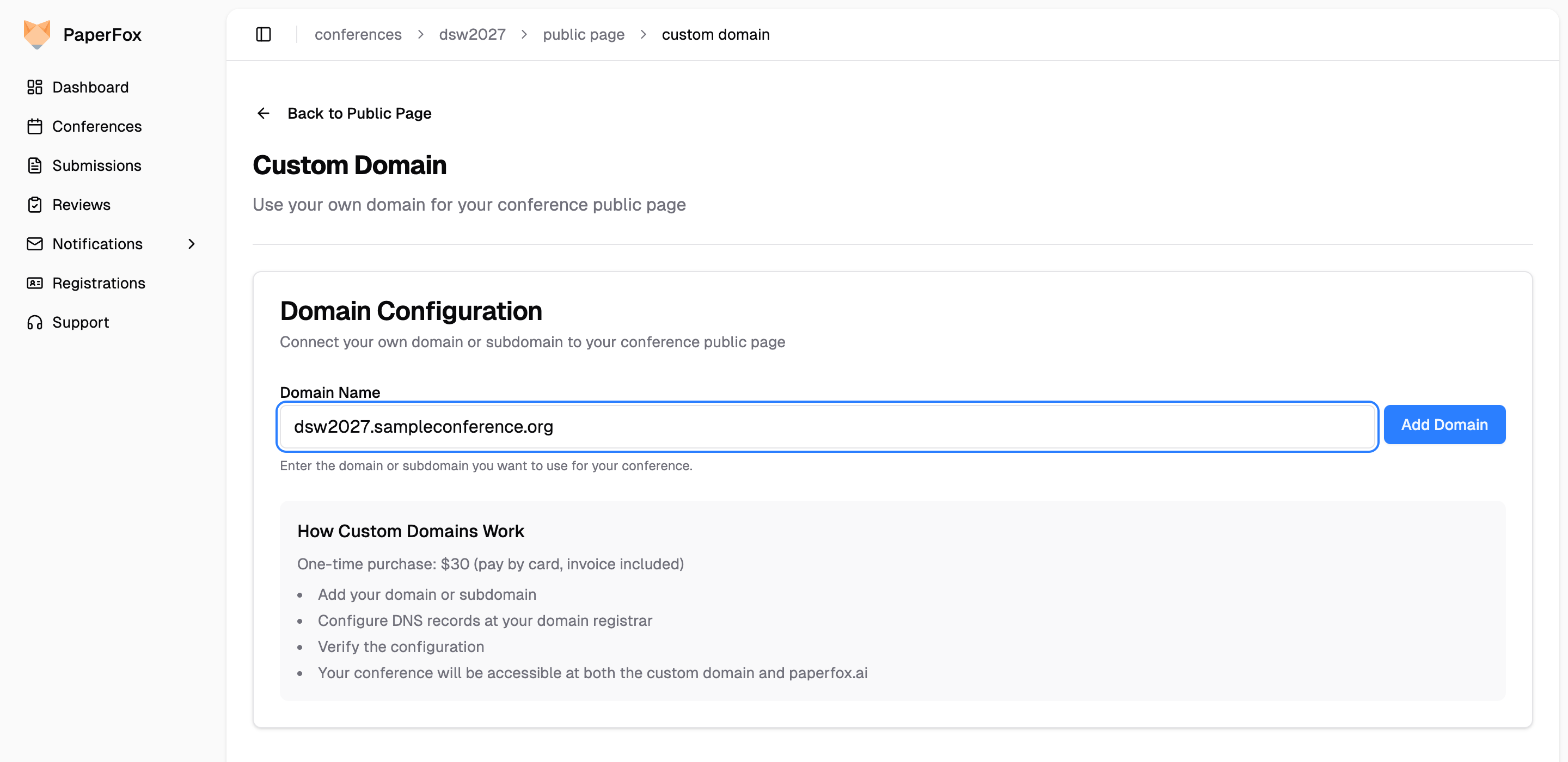 Domain Configuration card with a domain entered and the Add Domain button