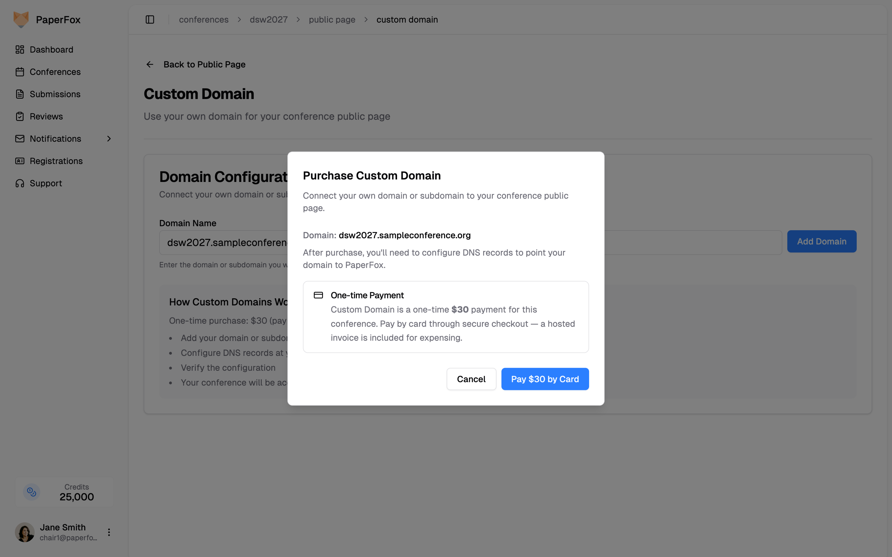 Purchase Custom Domain dialog showing the one-time $30 payment