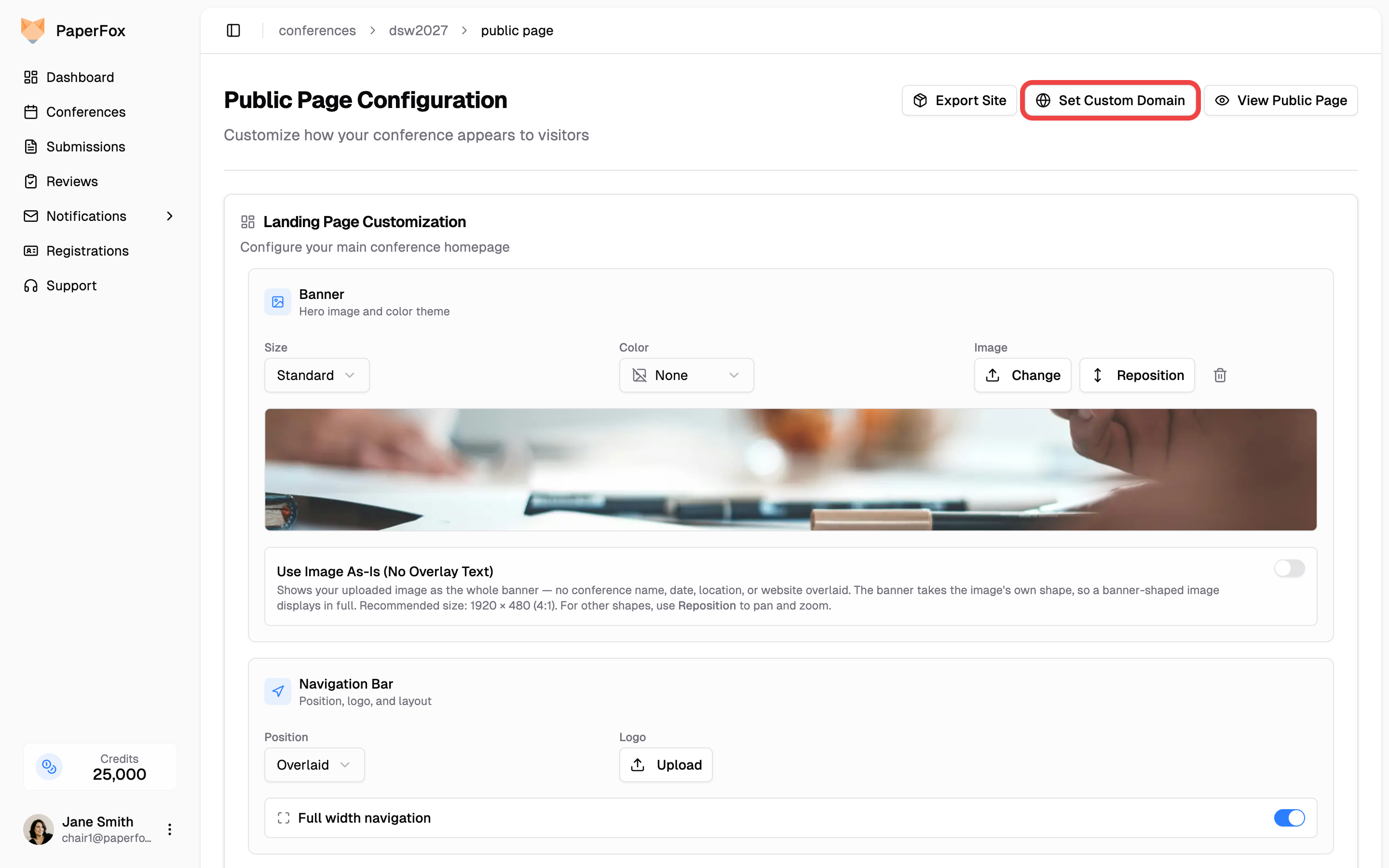 Set Custom Domain button in the Public Page Configuration header