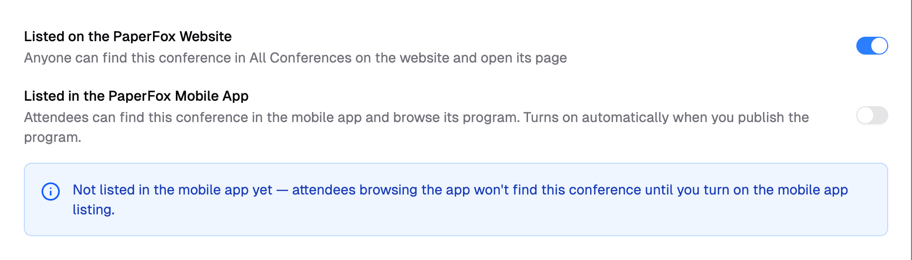 General settings with the website listing on, the mobile app listing off, and a blue note saying the conference is not in the app yet