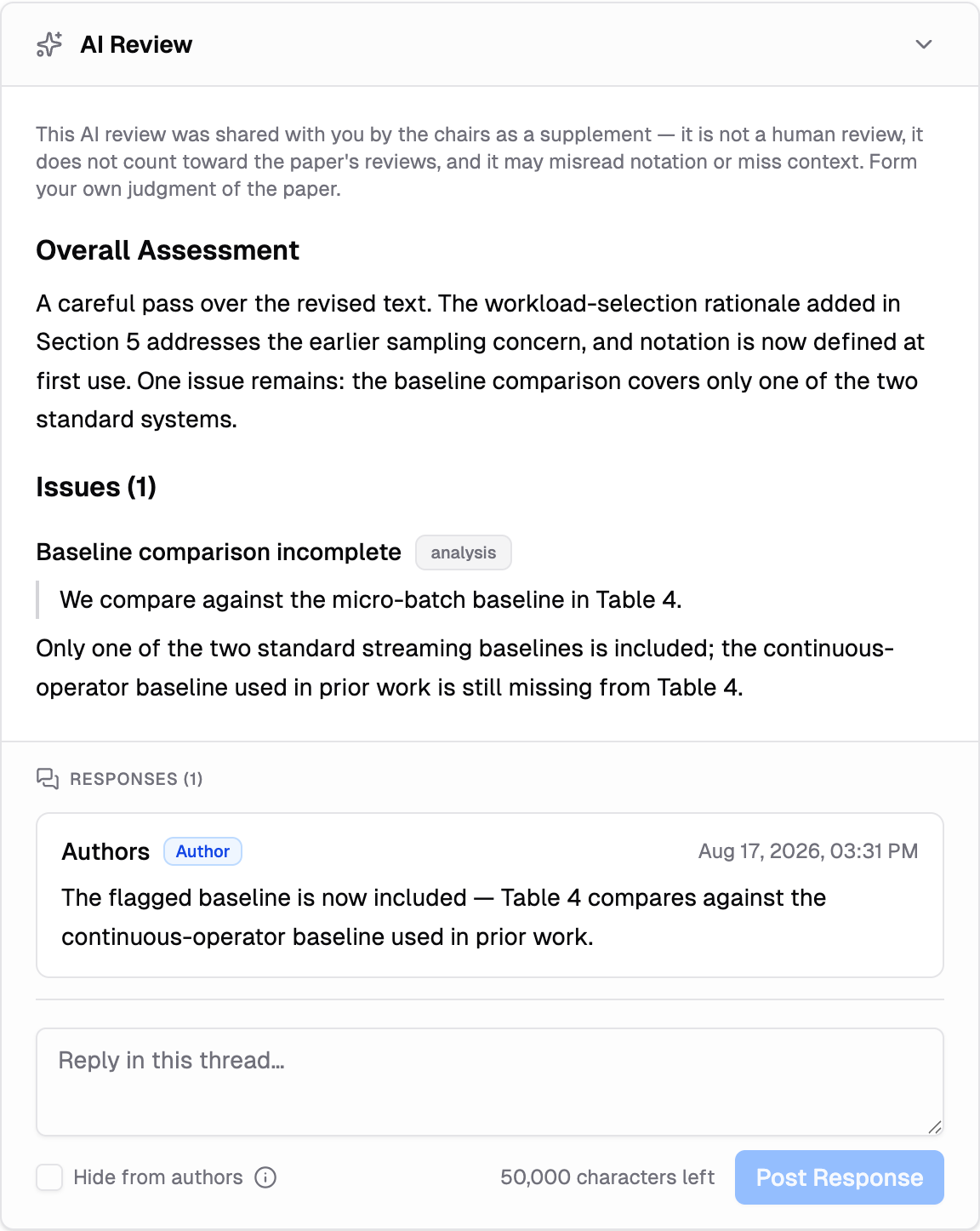 The AI Review card on the reviewer's page with its attached Responses thread showing the authors' reply to the AI-flagged issue