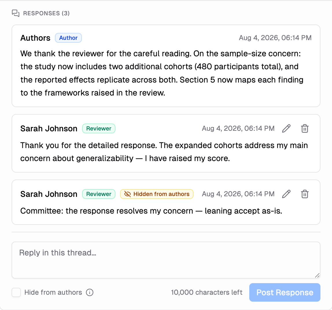 The Responses thread under My Review — the anonymized author response, the reviewer's reply with edit and delete buttons, and a committee-only note marked with the Hidden from authors badge