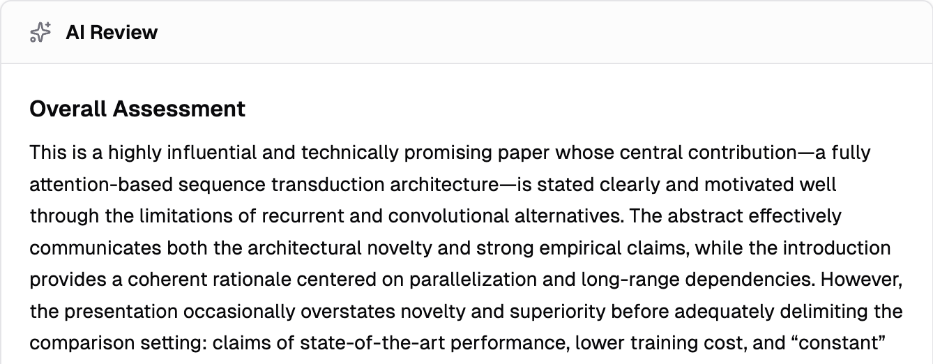 The AI Review card as authors see it — overall assessment, issues, and the AI-generated disclaimer