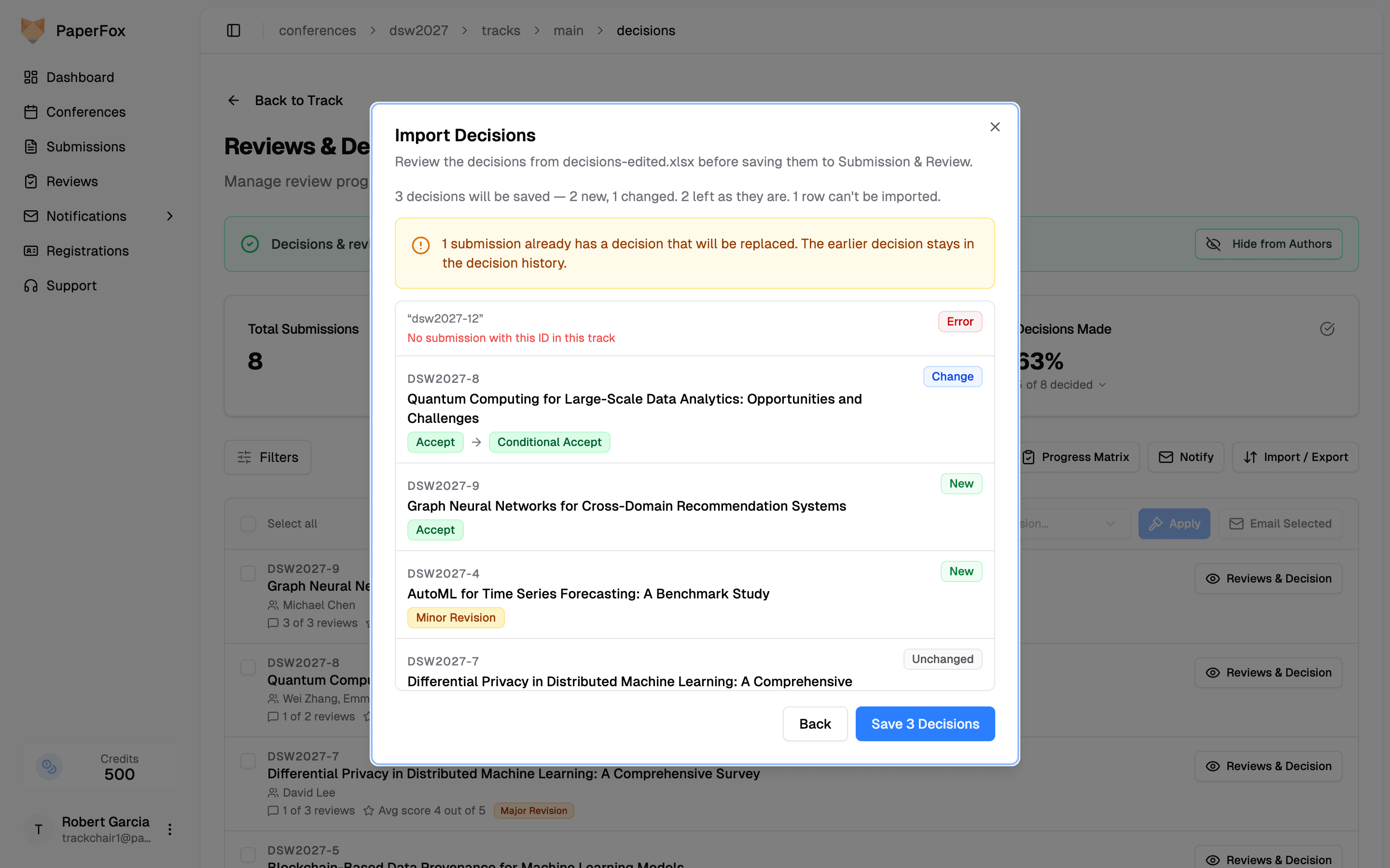 Import Decisions dialog previewing a spreadsheet: a summary line, an amber warning that one existing decision will be replaced, and rows marked Error, Change, New, and Unchanged