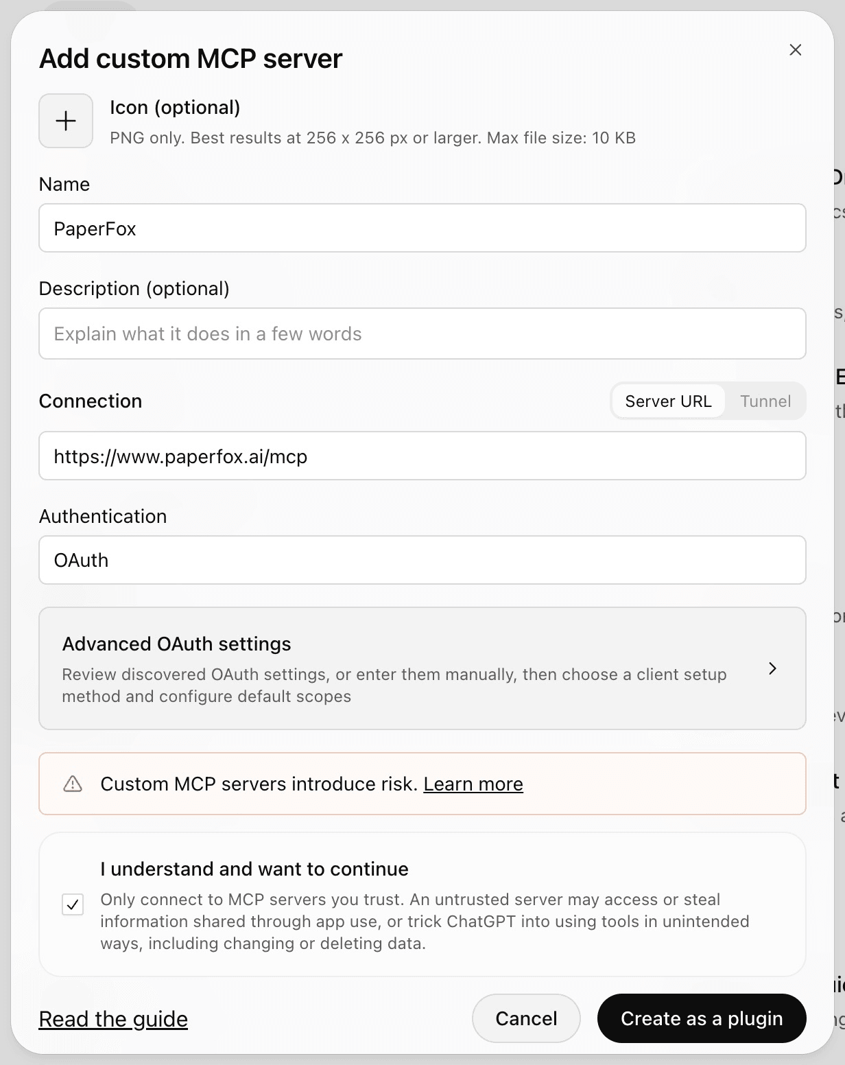 ChatGPT Add custom MCP server form with the PaperFox server URL, OAuth, and the risk acknowledgment