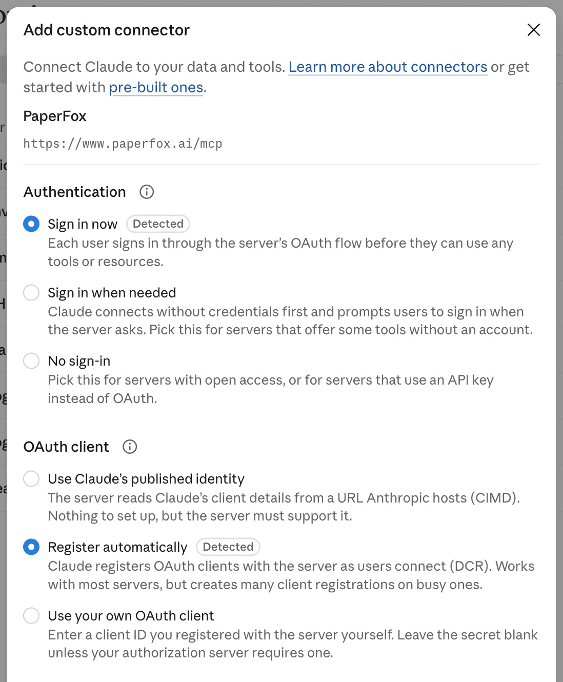 Claude authentication settings with Sign in now and Register automatically selected for PaperFox